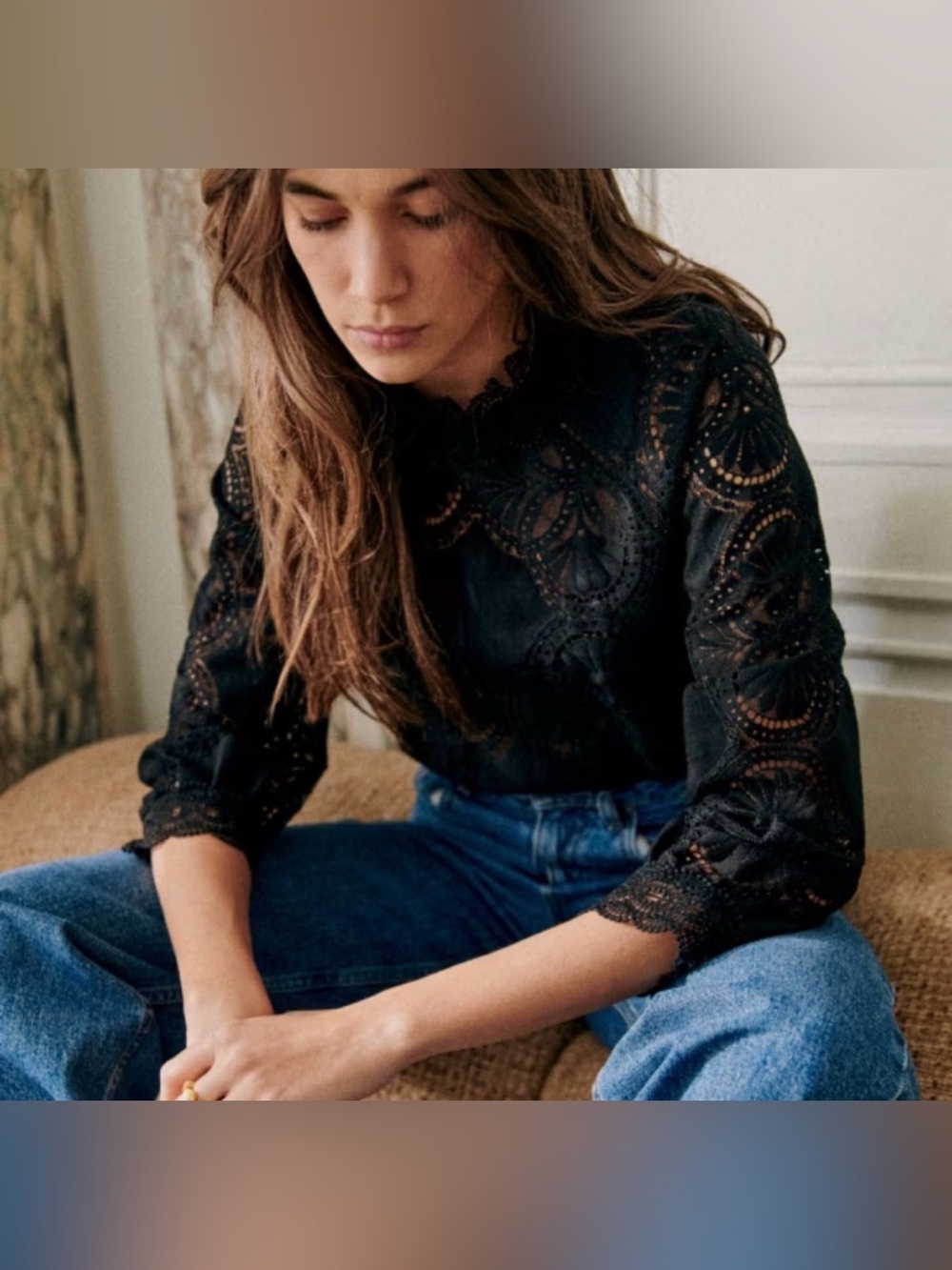 Sezane Bianca Blouse Black Lace Eyelet Long Sleeve Top 34 XS